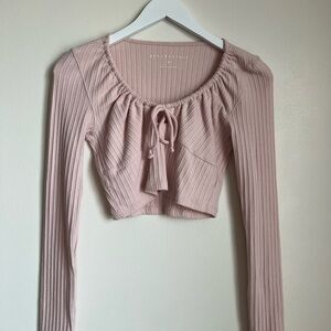 Aeropostale Baby Pink Long Sleeve U Neck Bow Top